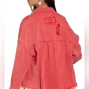 Vici distressed oversized denim shacket red